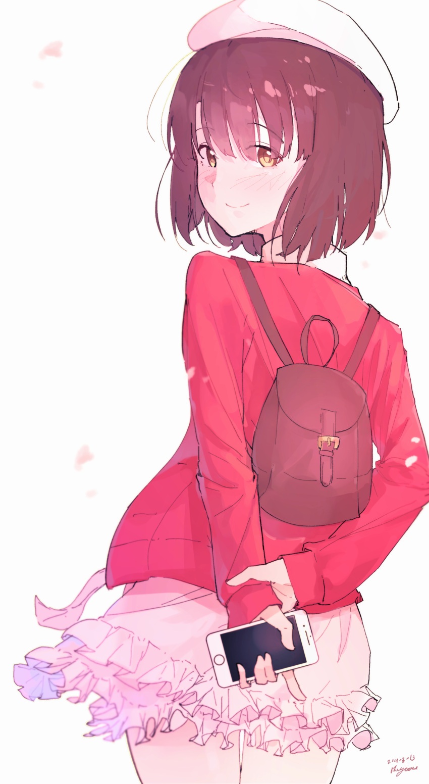 1girl, absurdres, backpack, bag, bangs, brown_bag, brown_hair, cellphone