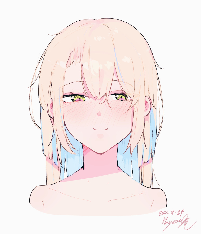 1girl, bangs, bare_shoulders, blonde_hair, blue_hair, blush, closed_mouth, collarbone