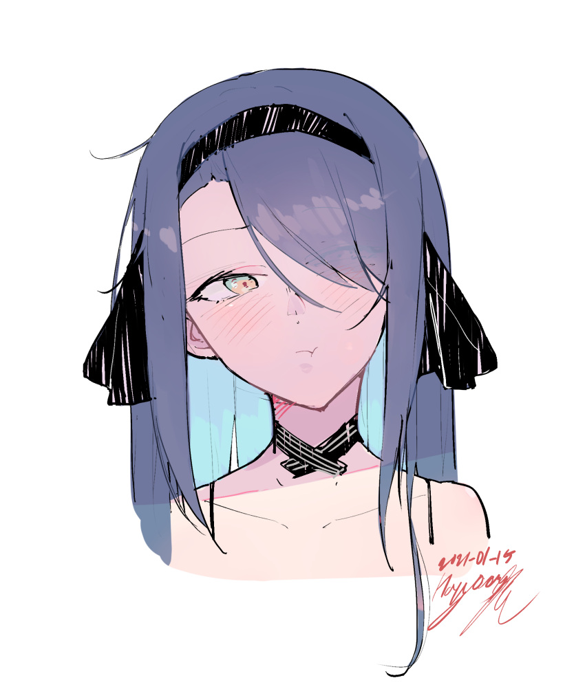 1girl, :t, bare_shoulders, black_choker, black_hairband, blue_hair, blush, choker