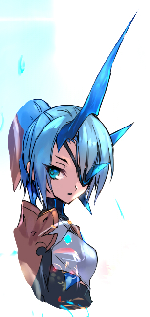 1girl, blue_eyes, blue_hair, chest_jewel, gem, ice_horns, negresco, short_hair