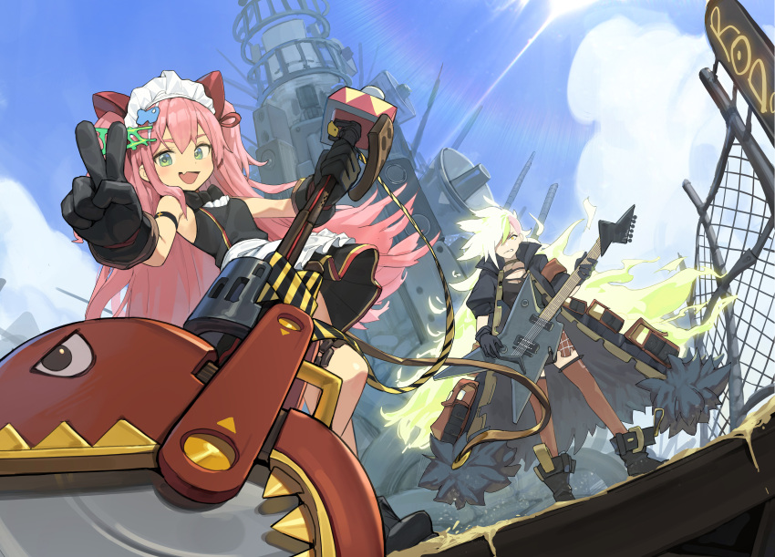 2girls, :d, absurdres, alchemy_stars, apron, barbara_(alchemy_stars), black_coat, black_dress, black_gloves, boots, coat, day, dress, dutch_angle, electric_guitar, fang, gloves, green_eyes, guitar, headdress, highres, holding, holding_weapon, instrument, long_coat, long_hair, looking_at_viewer, multiple_girls, open_mouth, outdoors, pink_hair, regina_(alchemy_stars), romana, shoes, sleeveless, sleeveless_dress, smile, standing, two_side_up, v, waist_apron, weapon
