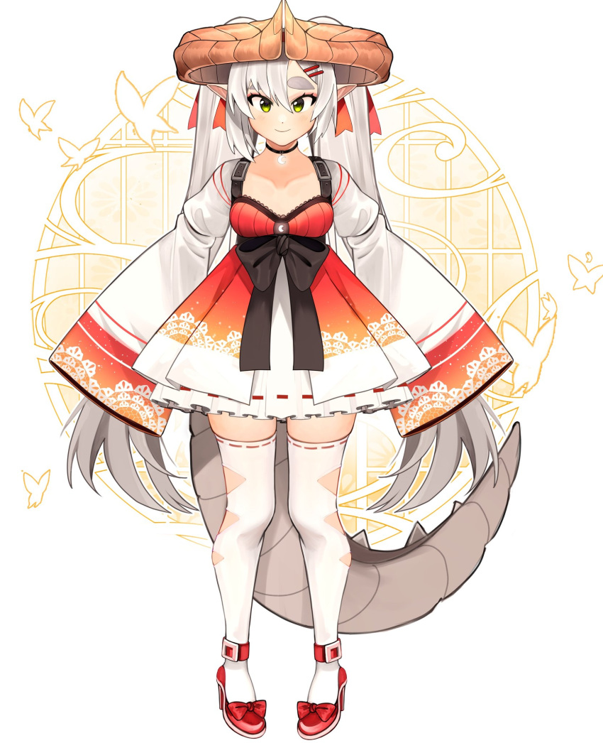 1girl, argyle_cutout, asymmetrical_bangs, bangs, clothing_cutout, dragon_girl, dragon_horns, dragon_tail