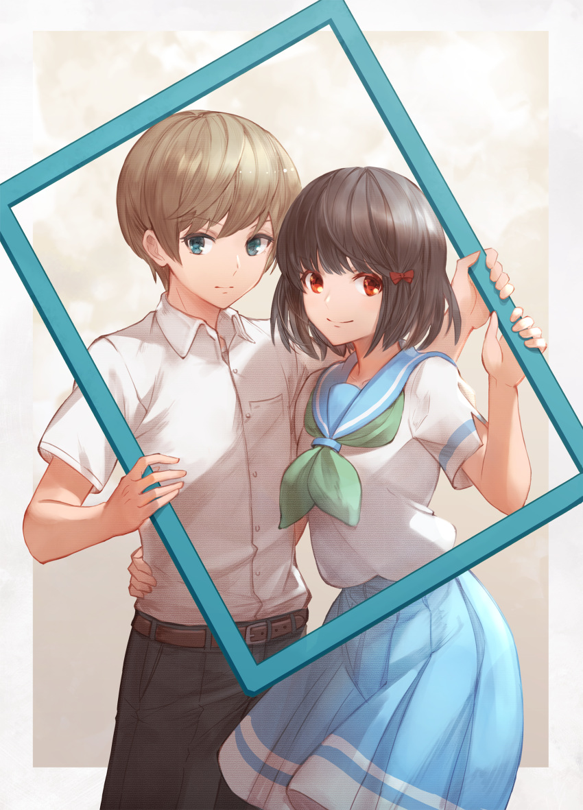 1777_kaki, 1boy, 1girl, absurdres, bangs, black_hair, black_pants, blue_eyes