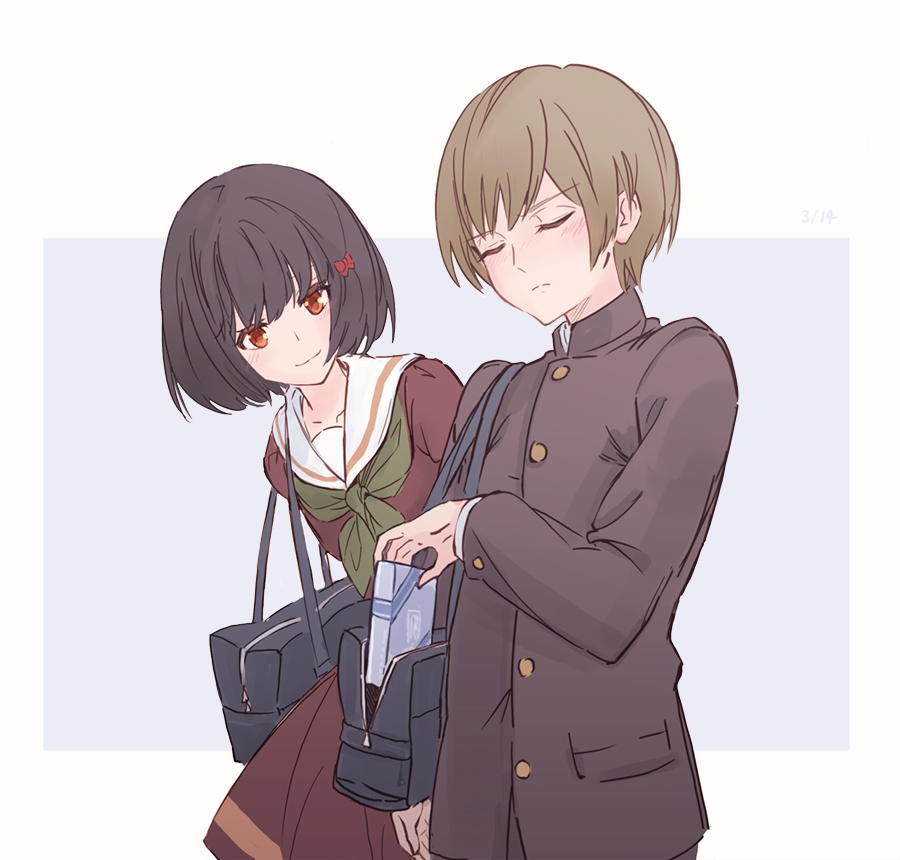 1777_kaki, 1boy, 1girl, bag, bangs, black_hair, black_pants, black_shirt