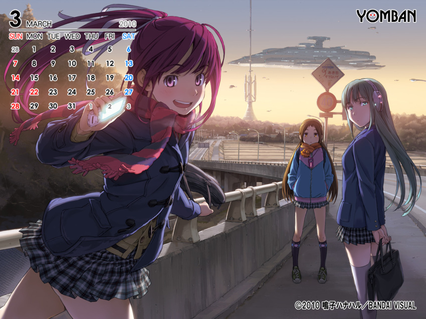 3girls, bag, brown_eyes, brown_hair, calendar, cellphone, green_eyes, green_hair