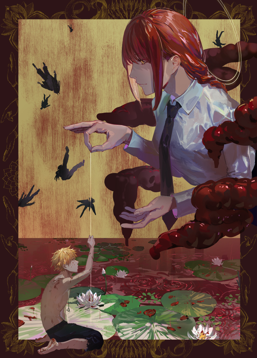 1boy, 1girl, absurdres, bangs, black_neckwear, black_pants, blonde_hair, blood, braid, braided_ponytail, breasts, chainsaw_man, collared_shirt, commentary_request, denji_(chainsaw_man), falling, flower, giant, giantess, gushiko_(rhty_5780), highres, holding_string, huge_filesize, lily_pad, long_hair, long_sleeves, lotus, makima_(chainsaw_man), medium_breasts, necktie, open_mouth, pants, pool_of_blood, power_(chainsaw_man), rain, raining_blood, red_eyes, redhead, ringed_eyes, shirt, short_hair, sidelocks, sitting, smile, wariza, white_shirt, yellow_eyes