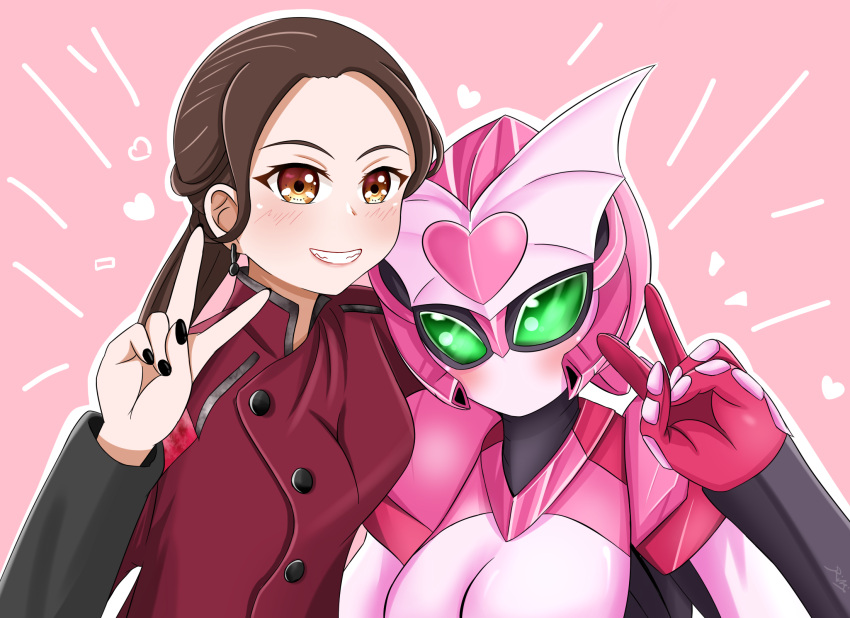 2girls, blush, brown_hair, crossover, earrings, green_eyes, high_ponytail, kamen_rider