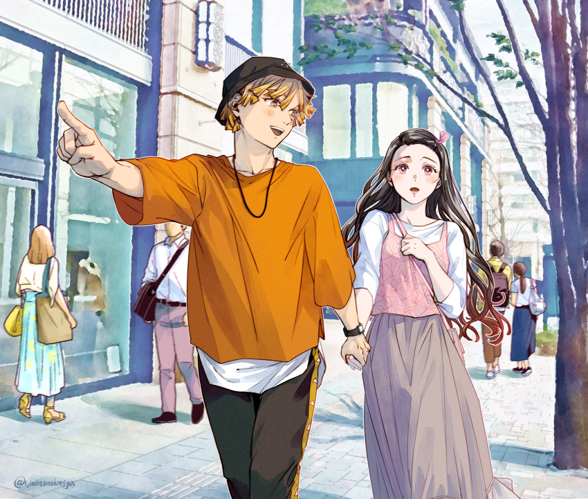 1boy, 1girl, absurdres, agatsuma_zenitsu, artist_name, bag, bangs, beige_skirt