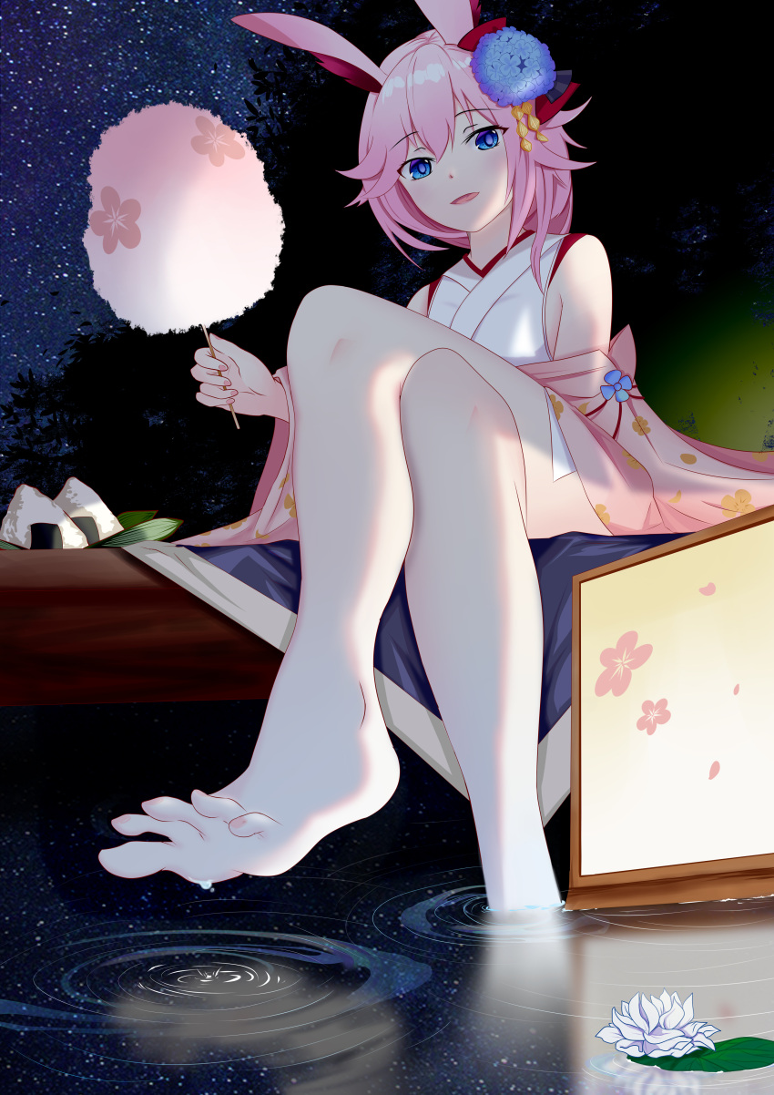 1girl, :d, absurdres, animal_ears, bare_shoulders, barefoot, blue_flower, cotton_candy
