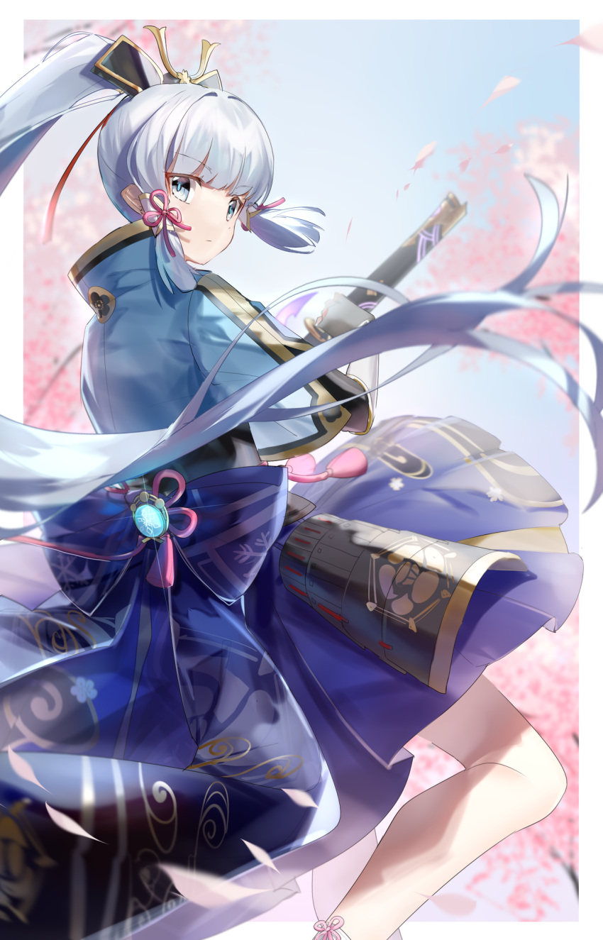 1girl, armor, armored_dress, bangs, blue_dress, blue_eyes, blunt_bangs, cherry_blossoms