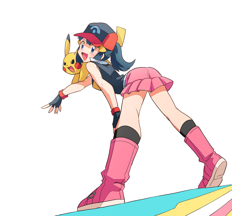 1girl, :d, ash_ketchum, ash_ketchum_(cosplay), bare_arms, baseball_cap, black_gloves, black_legwear, blue_eyes, boots, commentary_request, cosplay, hikari_(pokemon), dododo_dadada, eyelashes, fingerless_gloves, gen_1_pokemon, gloves, hair_ornament, hairclip, hat, jacket, legs_apart, long_hair, open_mouth, outstretched_arm, pikachu, pink_footwear, pink_skirt, pokemon, pokemon_(anime), pokemon_(creature), pokemon_dppt_(anime), red_headwear, skirt, sleeveless, sleeveless_jacket, smile, socks, standing, tongue