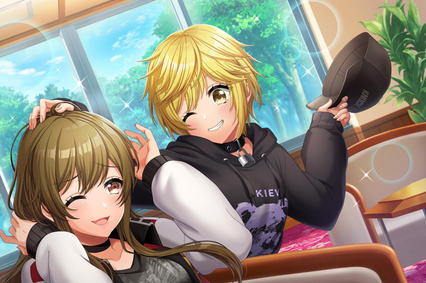blonde_hair, blush, d4dj, dress, short_hair, smile, tsukimiyama_nagisa, wink