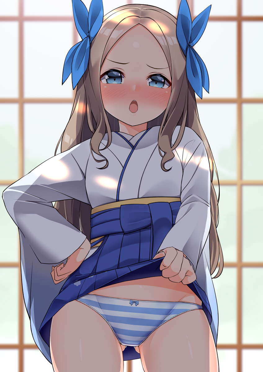 1girl, asakaze_(kancolle), bangs, blue_bow, blue_eyes, blue_hakama, blue_ribbon, blush