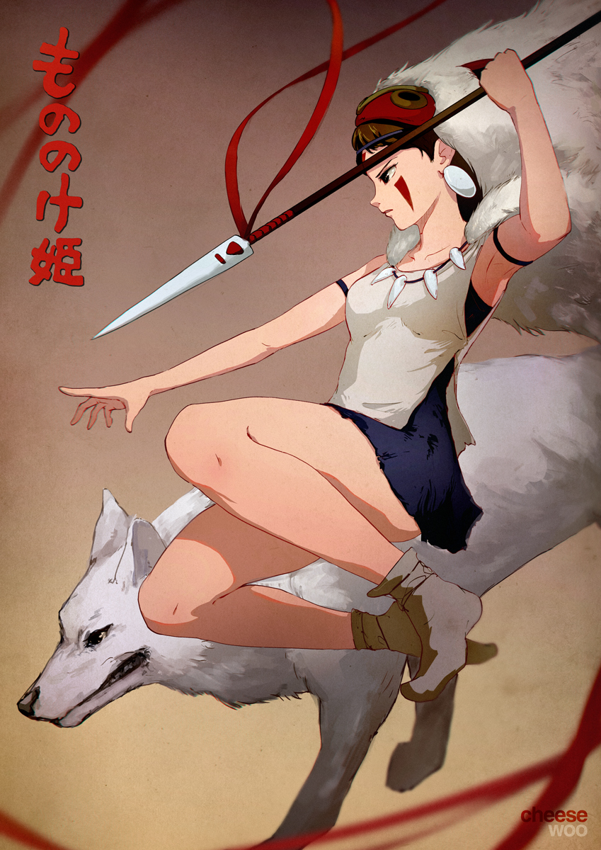 1girl, armpits, bone_necklace, breasts, brown_hair, cheesewoo, closed_mouth, earrings, facial_mark, from_side, full_body, fur, gradient, gradient_background, highres, holding, holding_polearm, holding_spear, holding_weapon, jewelry, jumping, legs, mask, mask_on_head, mononoke_hime, necklace, outstretched_arm, polearm, profile, san_(mononoke_hime), serious, spear, translated, weapon, white_wolf, wolf