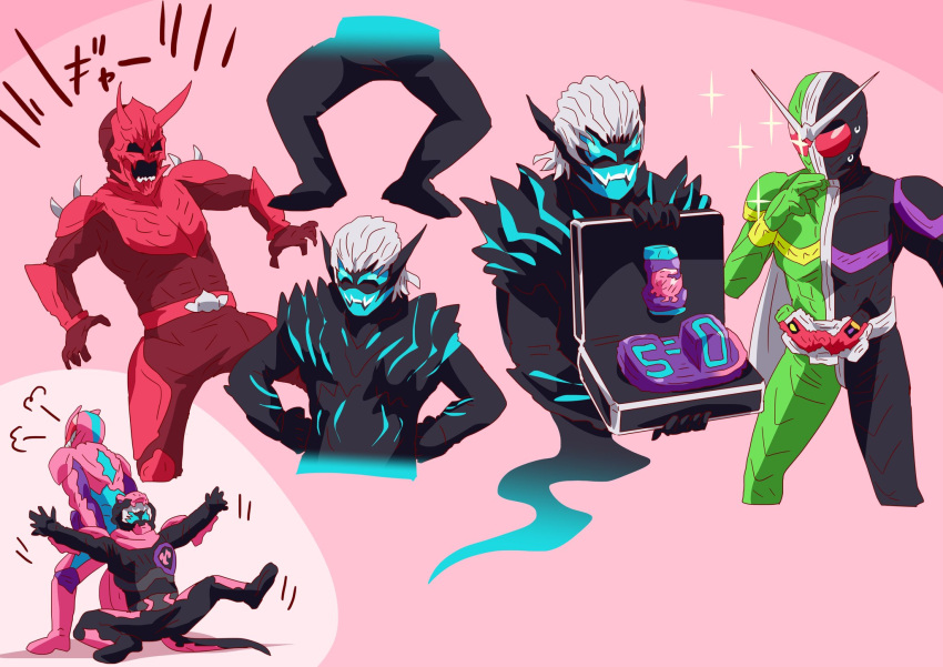 4boys, belt, briefcase, dinosaur_tail, dragging, highres, kamen_rider, kamen_rider_den-o_(series)