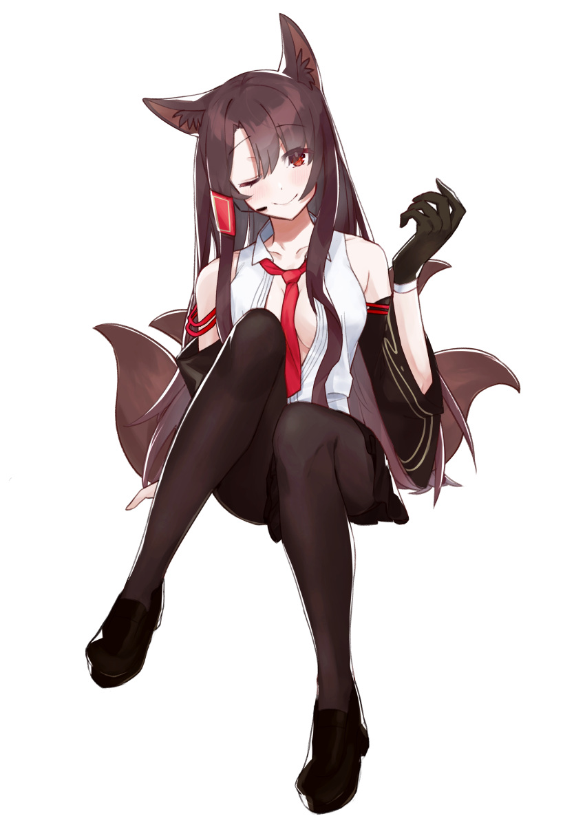 absurdres, akagi_(azur_lane), akutaa, alternate_costume, animal_ears, azur_lane, black_footwear, black_gloves, brown_hair, detached_sleeves, fox_ears, fox_tails, gloves, highres, idol_clothes, multiple_tails, one_eye_closed, open_clothes, open_shirt, pantyhose, red_neckwear, shirt, smile, tail, white_shirt