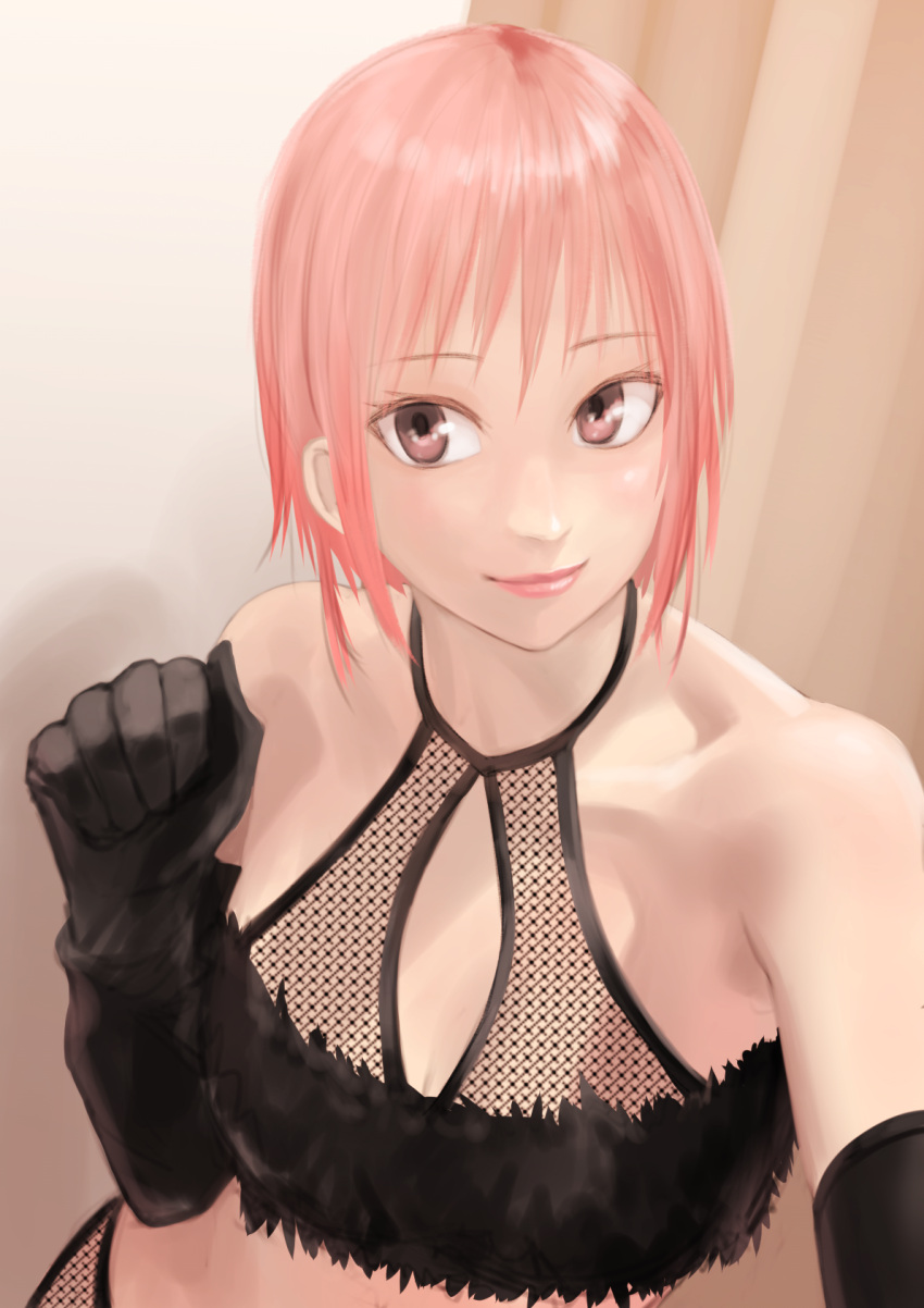 1girl, bare_shoulders, black_gloves, breasts, brown_eyes, closed_mouth, elbow_gloves, fur_bra