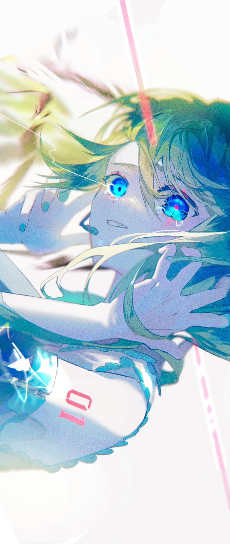1girl, aqua_eyes, aqua_hair, aqua_nails, bare_shoulders, black_sleeves, blurry, blurry_background