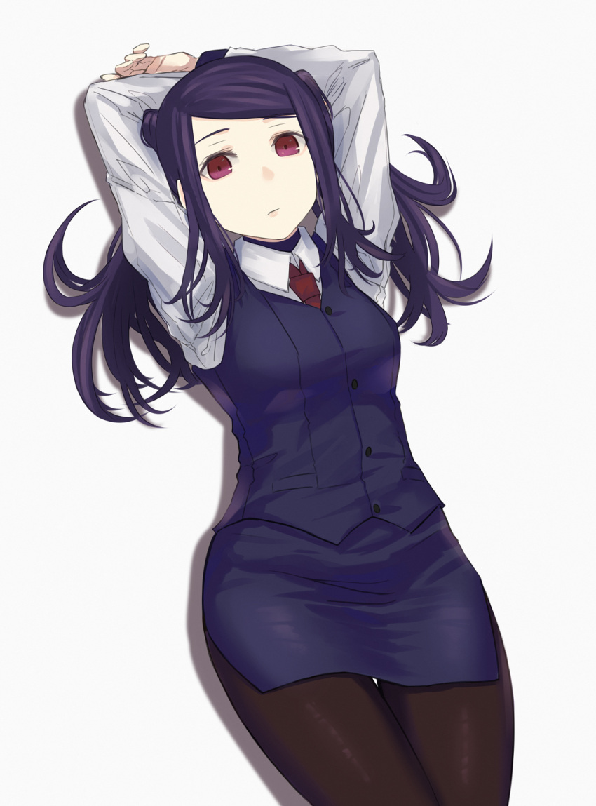 1girl, arms_behind_head, arms_up, asakiri_koko, bartender, buttons, closed_mouth, collar