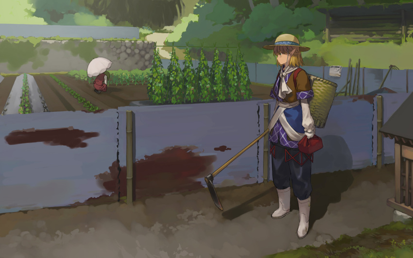 arm_warmers, blonde_hair, boots, gardening, green_hair, hat, hoe, kazami_yuuka