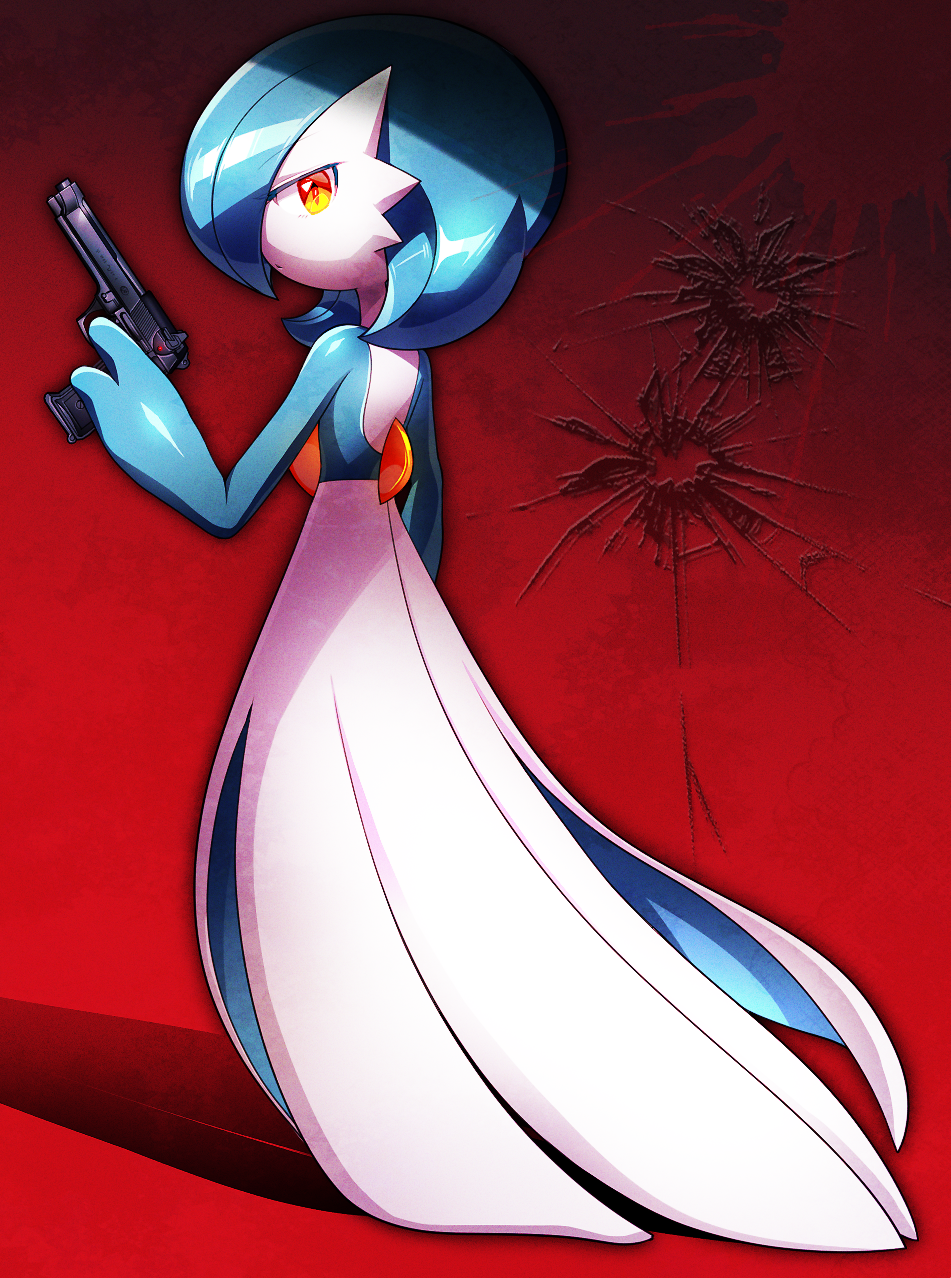 1girl, alternate_color, back, bangs, beretta_m9, blood, blood_splatter, blue_hair