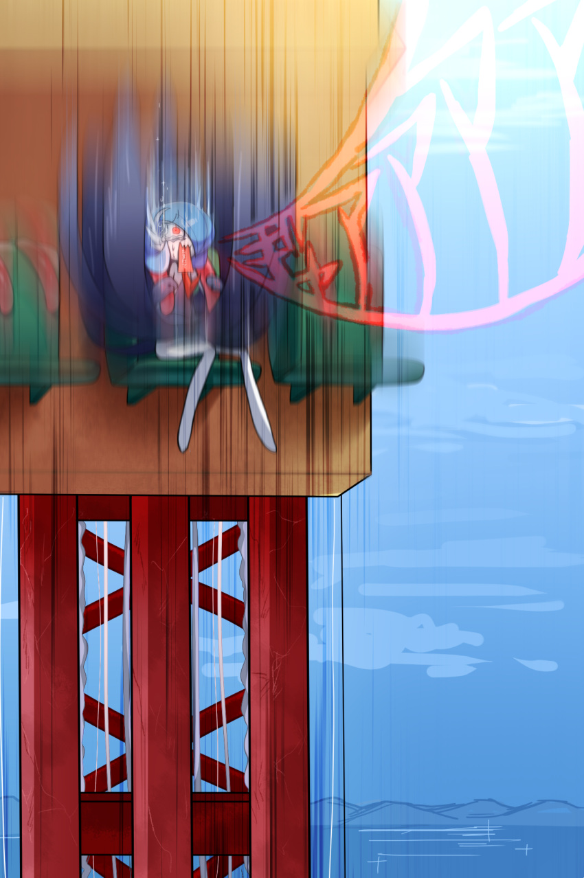 1girl, alternate_color, bangs, bare_shoulders, barefoot, black_dress, black_gloves, blue_hair, blue_sky, bob_cut, clothes_lift, clouds, colored_skin, commentary, constricted_pupils, crying, day, dress, dress_lift, drop_tower, eyebrows_visible_through_hair, falling, flat_chest, gardevoir, gen_3_pokemon, gloves, gradient_sky, hair_over_one_eye, hands_up, highres, lotosu, mega_gardevoir, mega_pokemon, motion_blur, motion_lines, mountainous_horizon, open_mouth, outdoors, pokemon, pokemon_(creature), red_eyes, scared, shiny, shiny_hair, shiny_pokemon, short_hair, shouting, sky, solo, strapless, strapless_dress, tears, theme_park, translated, water, wavy_mouth, white_skin, wind, wind_lift