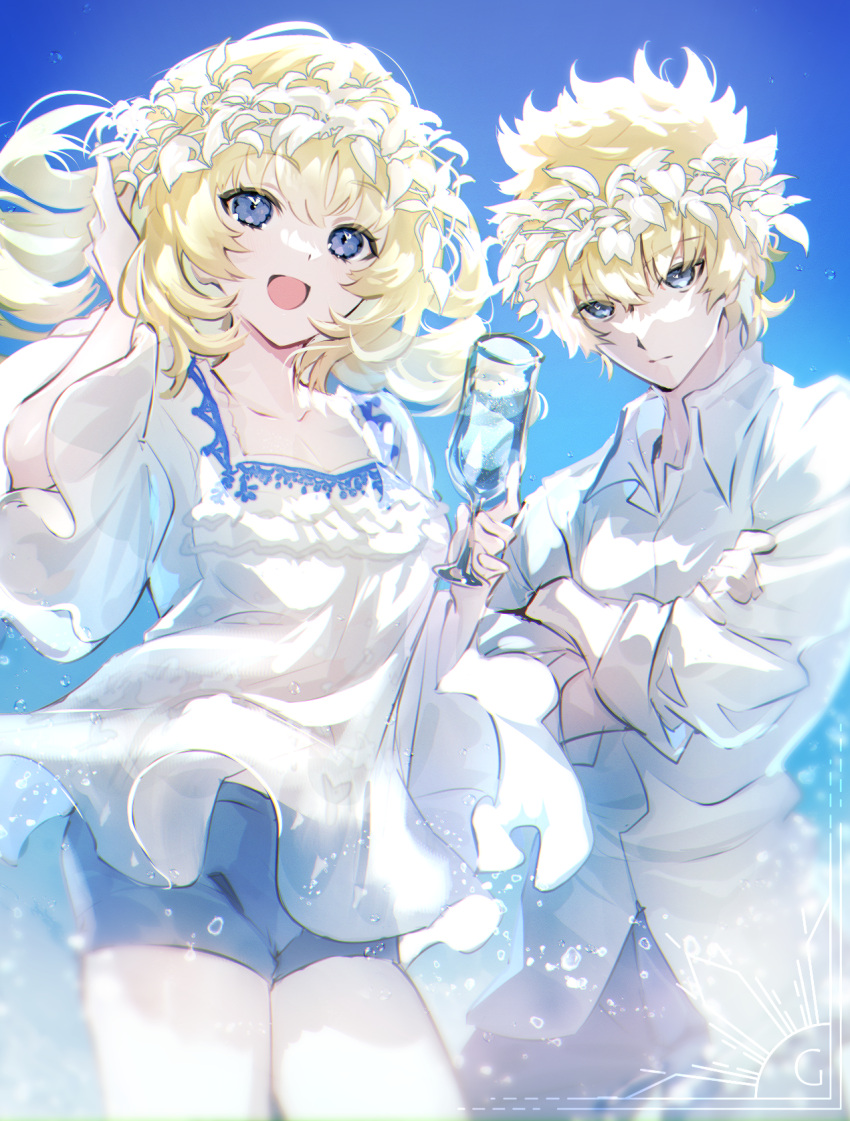 1boy, 1girl, bangs, blonde_hair, blue_eyes, blush, breasts, brother_and_sister