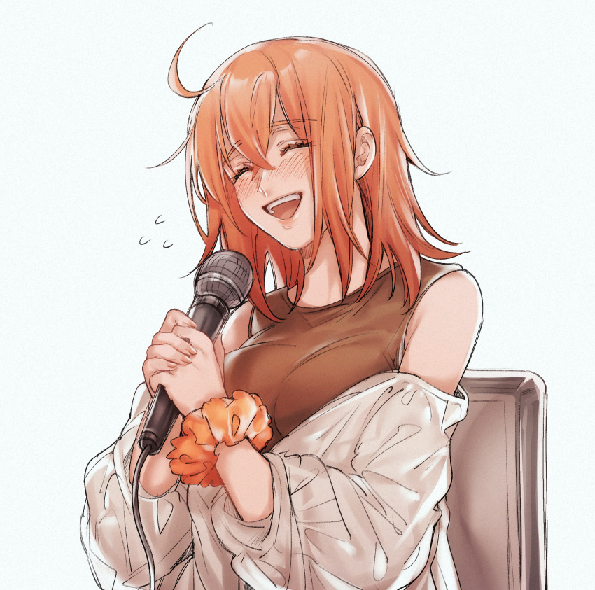 1girl, :d, absurdres, ahoge, bangs, blush, brown_shirt, closed_eyes