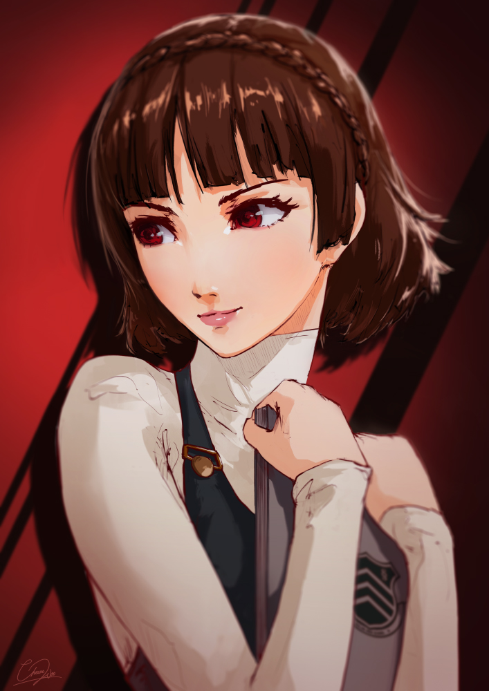 1girl, bangs, black_vest, blunt_bangs, braid, brown_hair, cheesewoo, closed_mouth