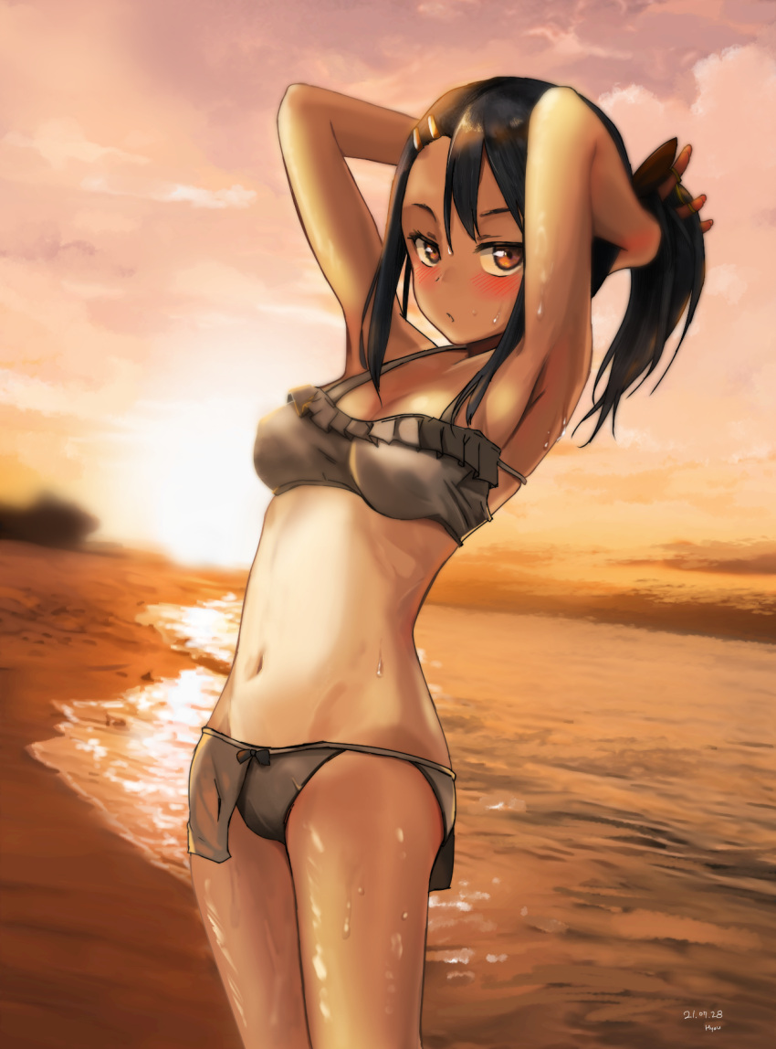 1girl, armpits, arms_behind_head, arms_up, bangs, bare_arms, bare_shoulders, beach