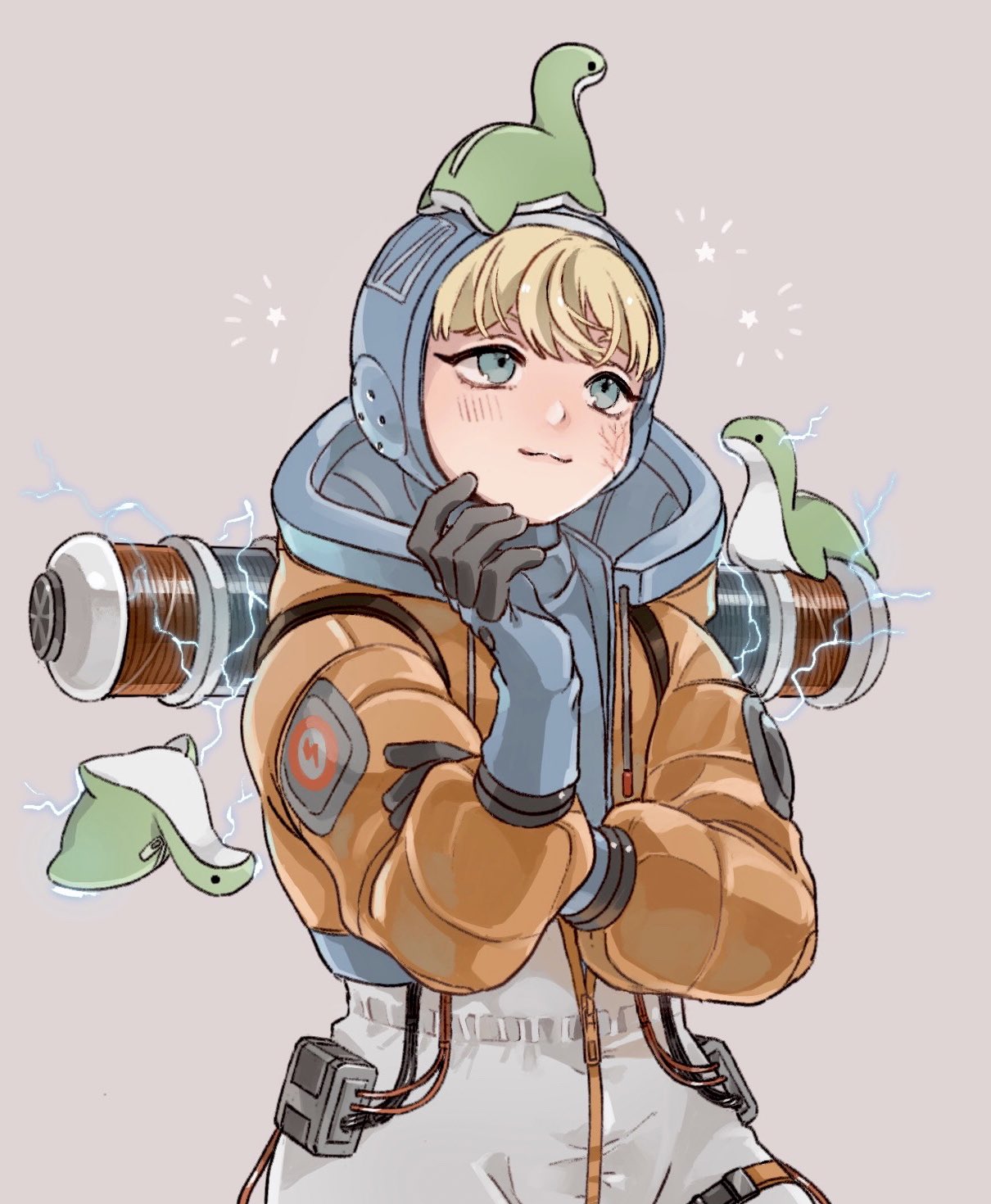 1girl, animification, apex_legends, bangs, blonde_hair, blue_bodysuit, blue_eyes, blue_gloves