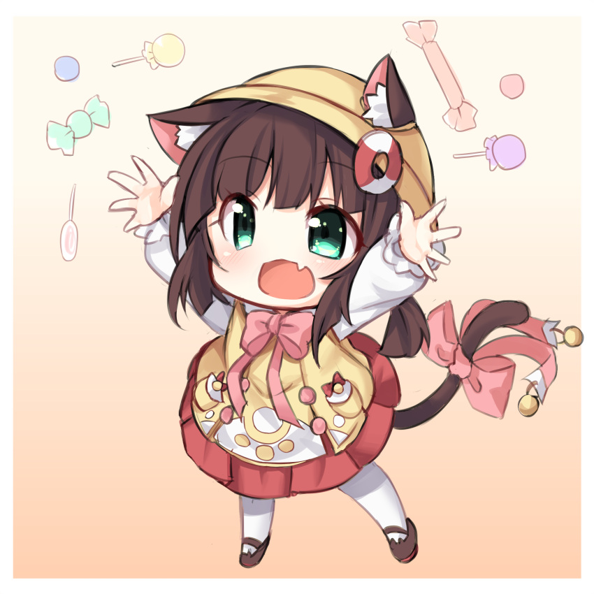 1girl, absurdres, animal_ear_fluff, animal_ears, arms_up, azur_lane, bell, brown_footwear