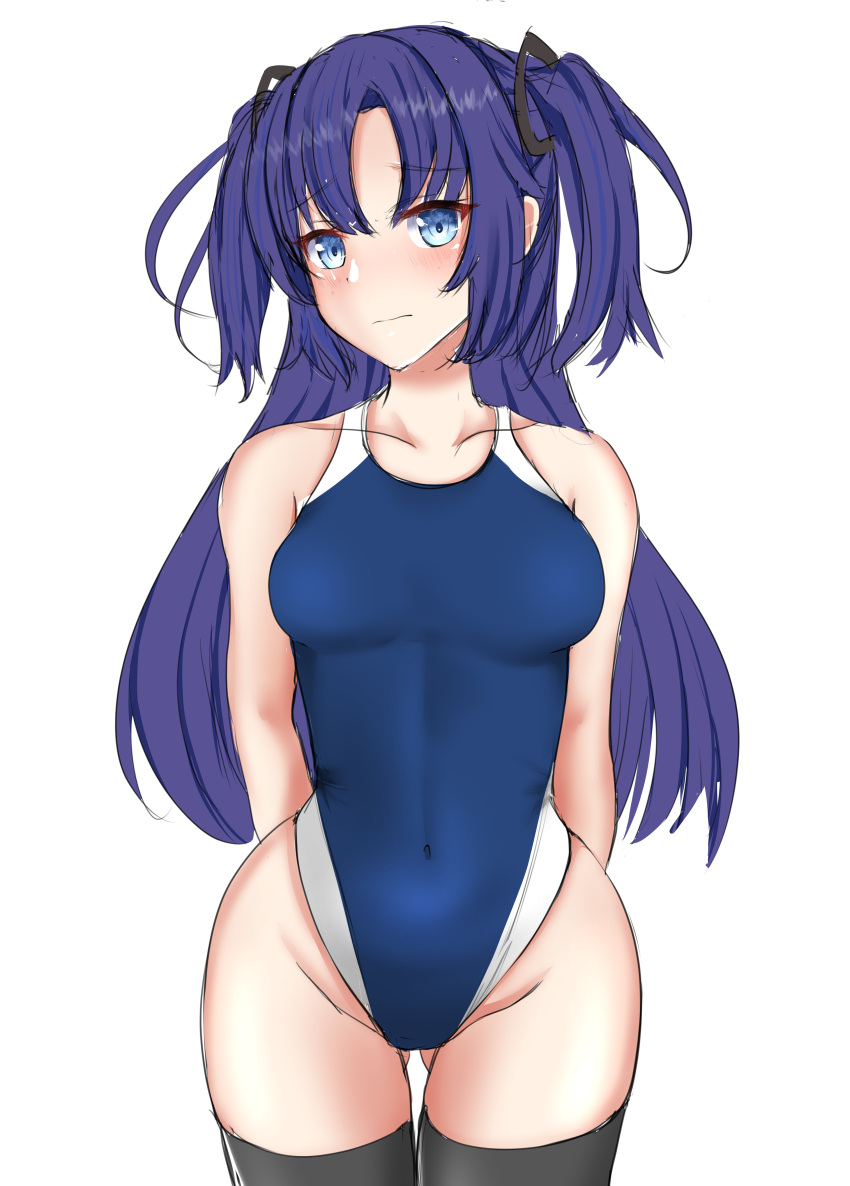 1girl, absurdres, arms_behind_back, ass_visible_through_thighs, black_legwear, blue_archive, blue_eyes, blue_hair