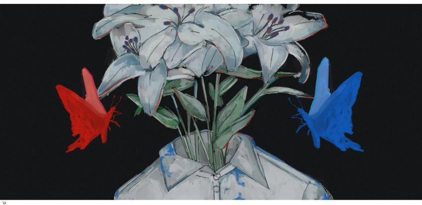 absurdres, black_background, blue_butterfly, bug, butterfly, collared_shirt, commentary, flower