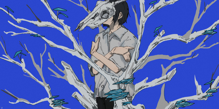1boy, animal_skull, black_hair, black_pants, blue_background, branch, collared_shirt, commentary