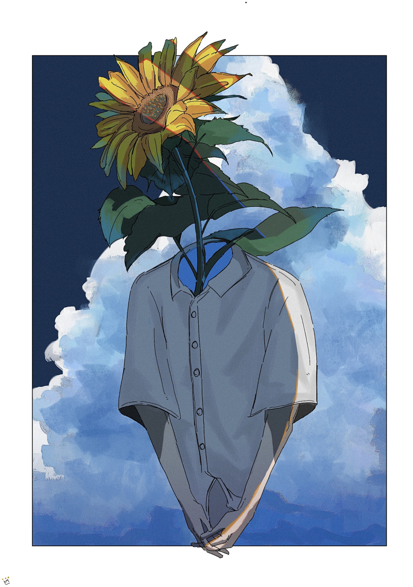 1other, absurdres, ambiguous_gender, blue_background, border, clouds, collared_shirt, commentary