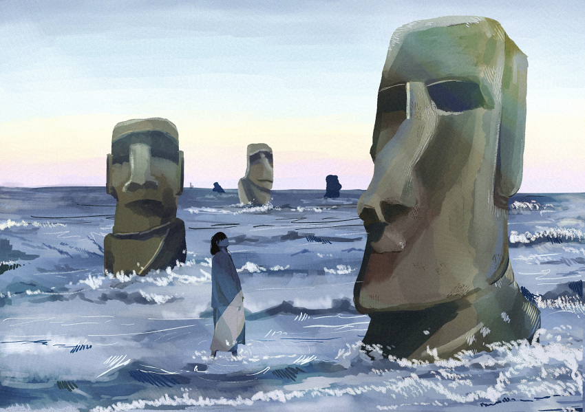 1girl, black_hair, blue_sky, commentary, easter_island, from_side, grey_skirt, grey_sweater