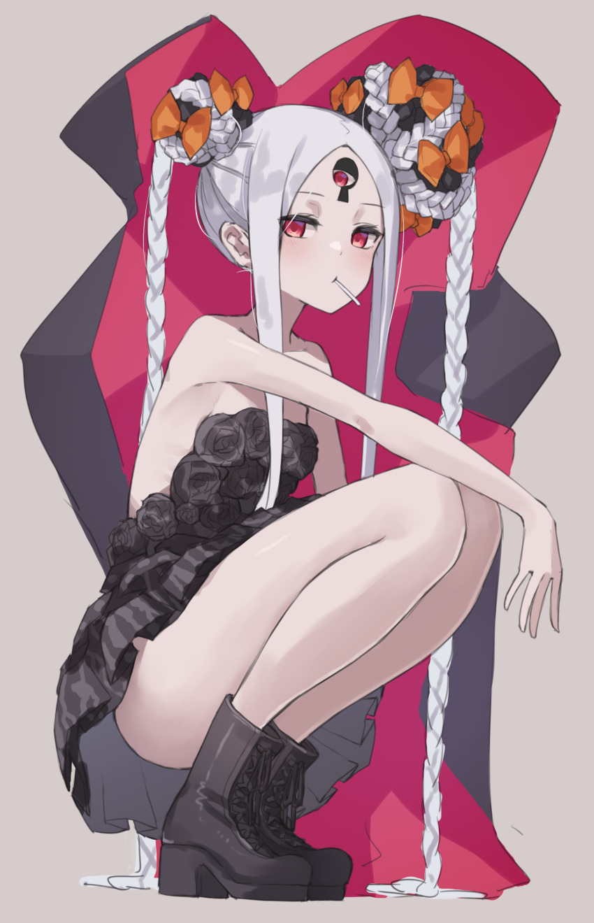1girl, abigail_williams_(fate), absurdres, bangs, bare_shoulders, black_dress, black_footwear, blush