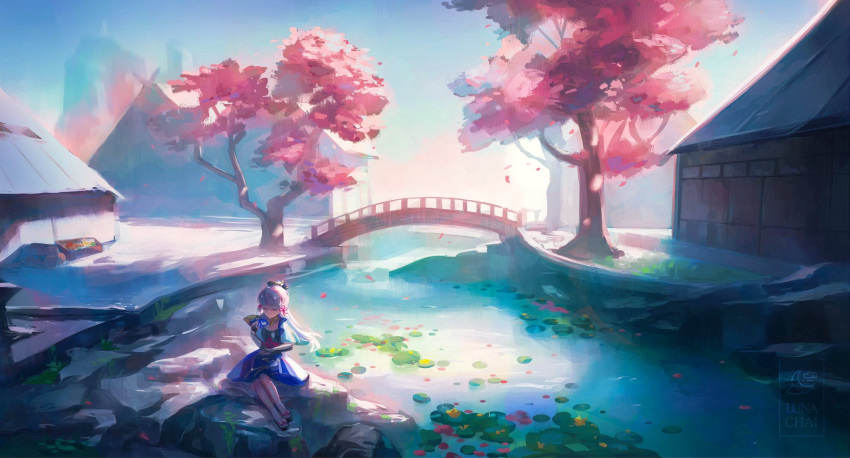 1girl, arm_guards, armor, armored_dress, artist_logo, artist_name, bangs, blunt_bangs, breastplate, bridge, cherry_blossoms, commentary, english_commentary, flower, folding_fan, genshin_impact, hand_fan, highres, holding, holding_fan, japanese_armor, japanese_clothes, kamisato_ayaka, light_blue_hair, lily_pad, lunachaili, mole, pond, ponytail, sidelocks, sitting, solo, tabi, tree, tree_branch, vambraces, zouri