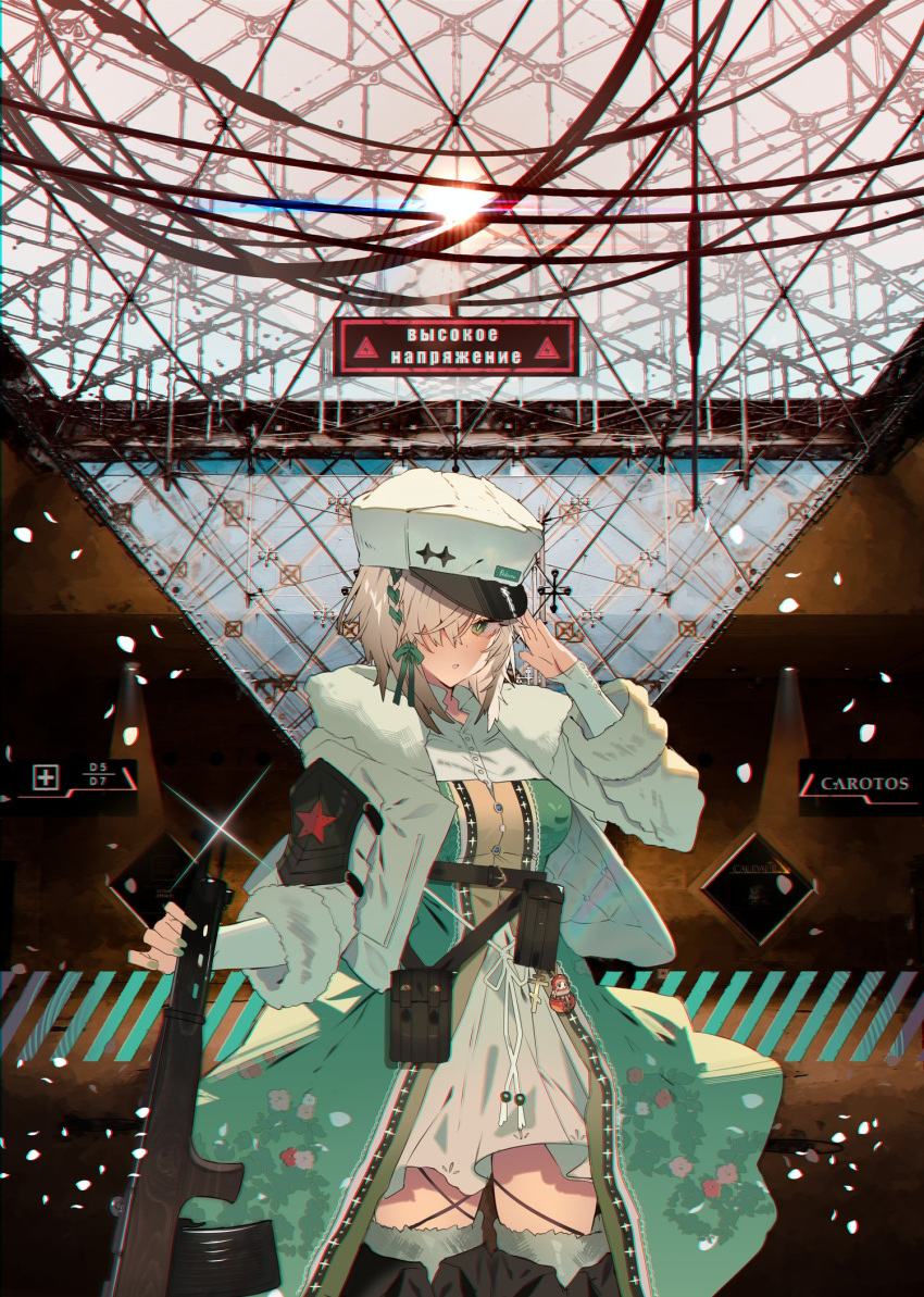 1girl, breasts, coat, cyrillic, dress, fedorov_(girls_frontline), fedorov_avtomat, girls_frontline
