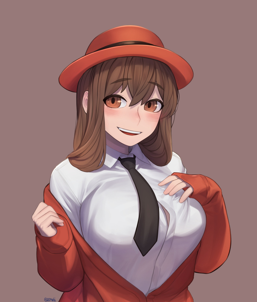 1girl, :d, absurdres, bangs, black_neckwear, blush, breasts, brown_eyes