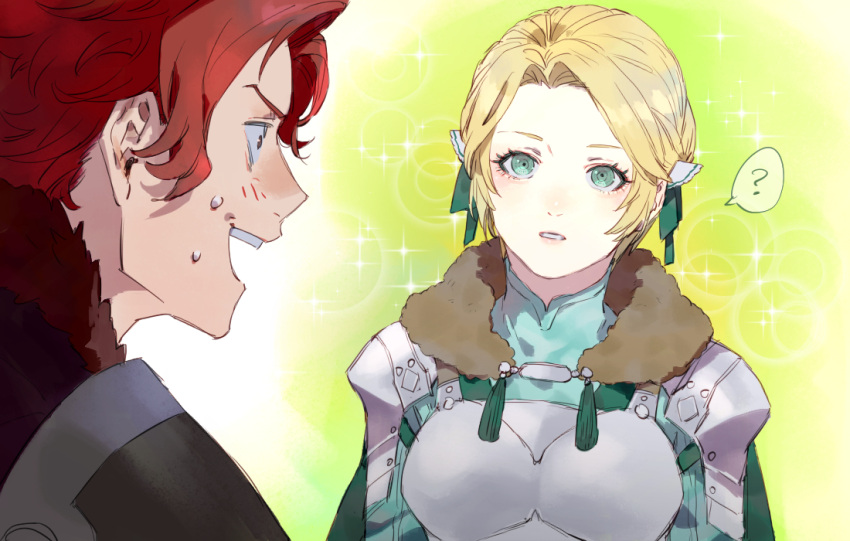 1boy, 1girl, 91007, ?, armor, blonde_hair, breastplate, fire_emblem