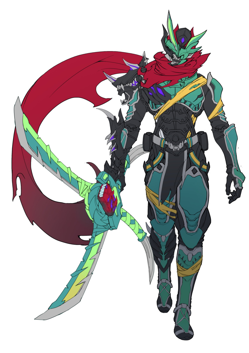 1boy, absurdres, armor, asymmetrical_armor, asymmetrical_footwear, black_armor, black_gloves, catball1994, demon, demon_boy, desast, fuuma_shuriken, gloves, green_armor, highres, kamen_rider, kamen_rider_kenzan, kamen_rider_saber_(series), mismatched_footwear, ninja, possessed, scarf, sharp_teeth, shuriken, teeth, what_if