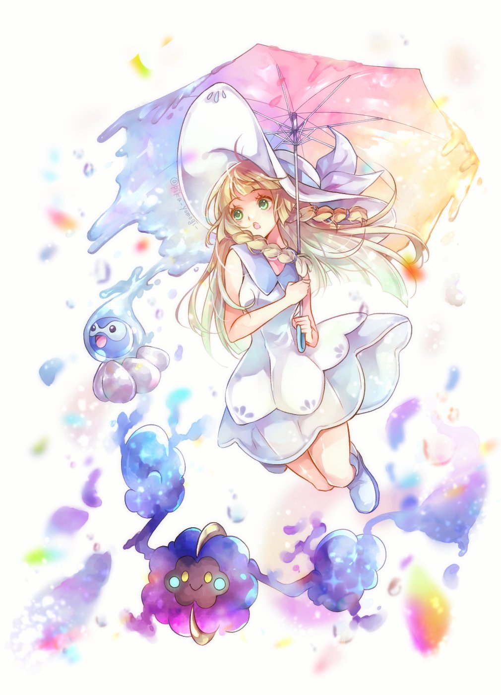 1girl, bangs, blonde_hair, blue_footwear, braid, castform, castform_(rainy), collared_dress