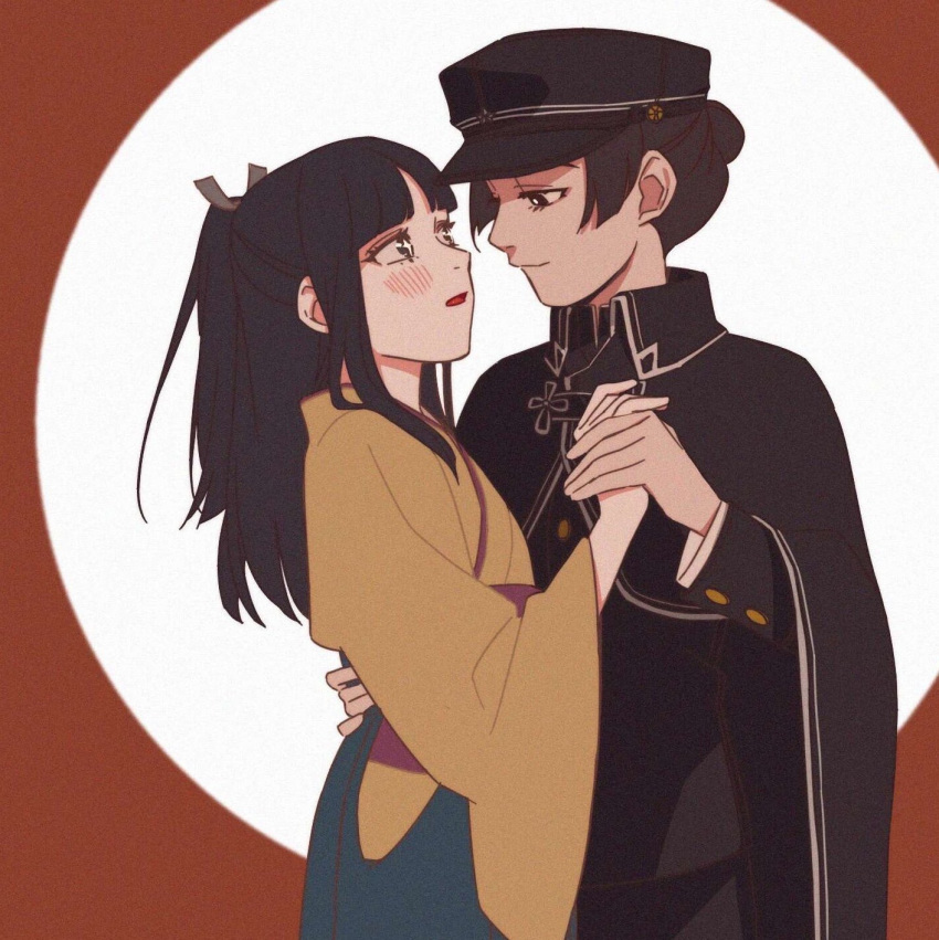 2girls, bangs, black_cloak, black_eyes, black_hair, black_headwear, black_jacket, black_pants, blue_skirt, blush, circle, cloak, closed_mouth, commentary_request, dai_gyakuten_saiban, dai_gyakuten_saiban_2, eye_contact, gyakuten_saiban, hair_bun, hand_on_another's_back, hat, highres, holding_hands, jacket, japanese_clothes, kimono, long_hair, looking_at_another, mikotoba_susato, military_hat, multiple_girls, murasame_haori, pants, parted_lips, ponytail, red_background, sanshuixi, sidelocks, skirt, sparkling_eyes, two-tone_background, white_background, yellow_kimono, yuri