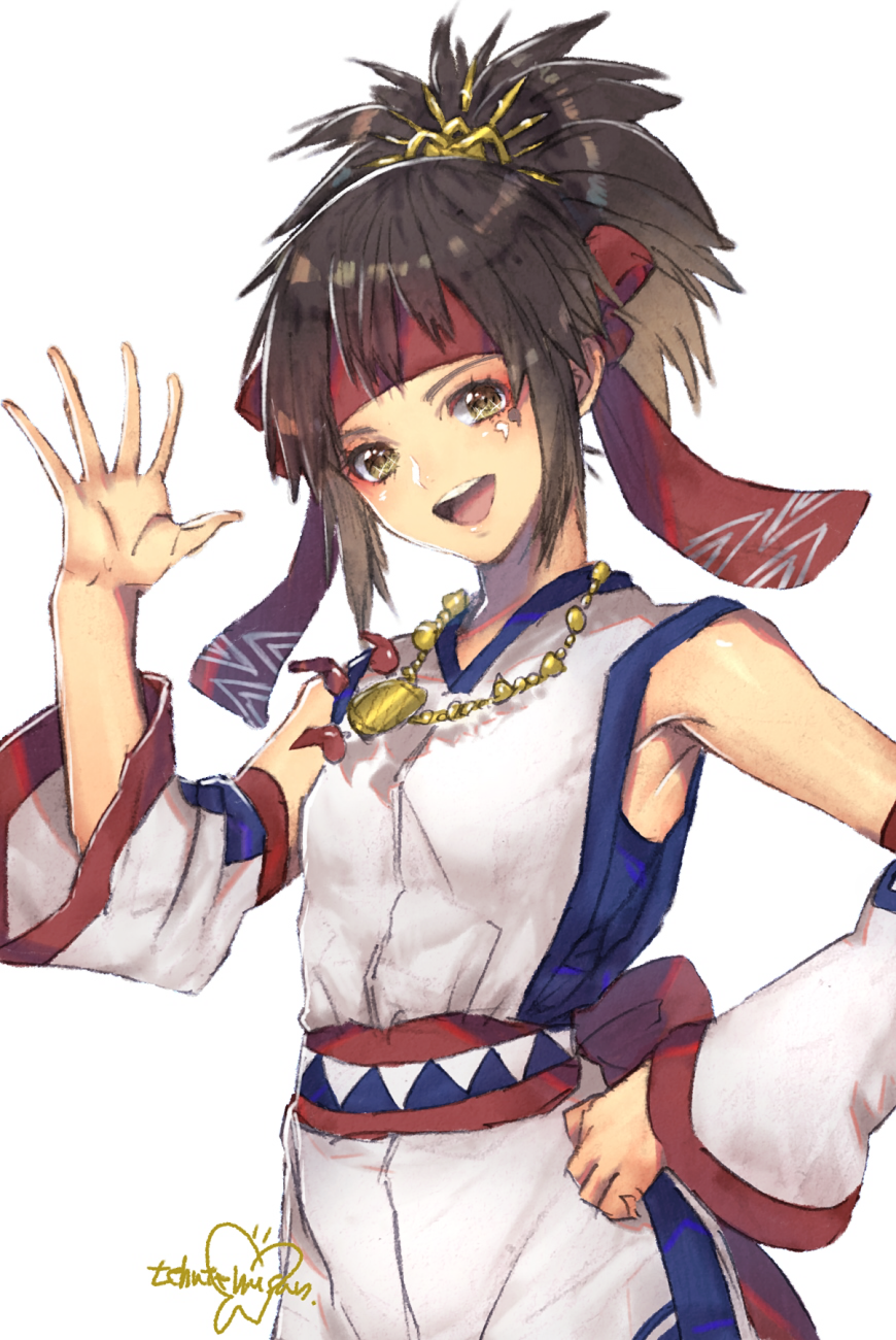 1girl, black_hair, brown_eyes, detached_sleeves, facial_mark, hair_ornament, headband, highres