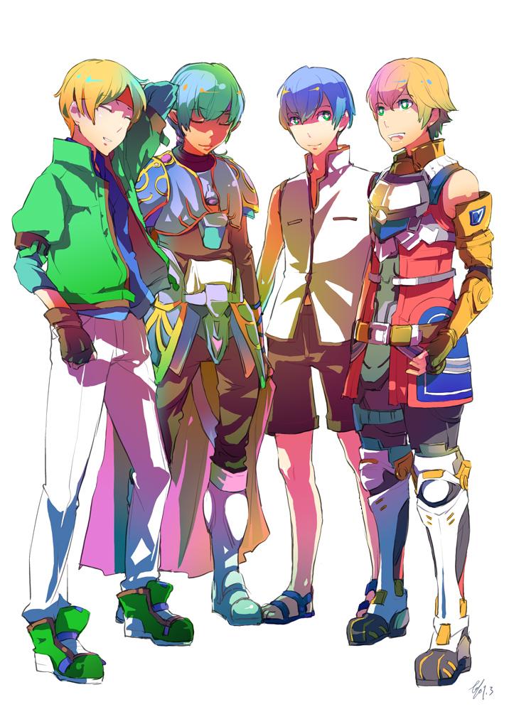 armor, blonde_hair, blue_hair, claude_kenni, crossover, edge_maverick, fayt_leingod, happy
