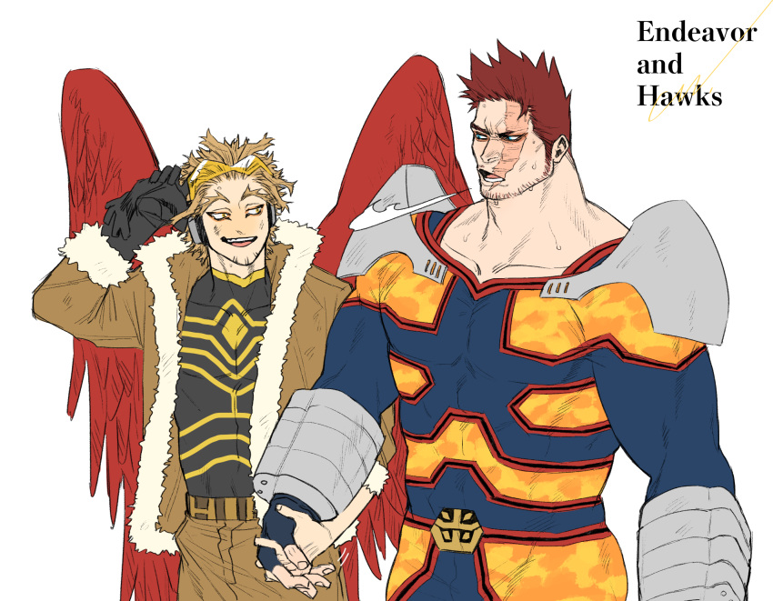 2boys, armor, beard, blonde_hair, blue_bodysuit, blue_eyes, bodysuit, boku_no_hero_academia