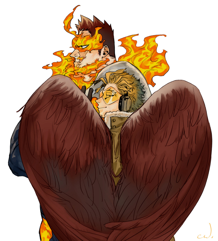 2boys, beard, blue_eyes, boku_no_hero_academia, facial_hair, feathered_wings, fiery_hair, fire, from_side, hawks_(boku_no_hero_academia), highres, jo_tuesday19, male_focus, mature_male, multiple_boys, red_wings, redhead, scar, scar_across_eye, short_hair, sideburns, smirk, spiky_hair, todoroki_enji, wings