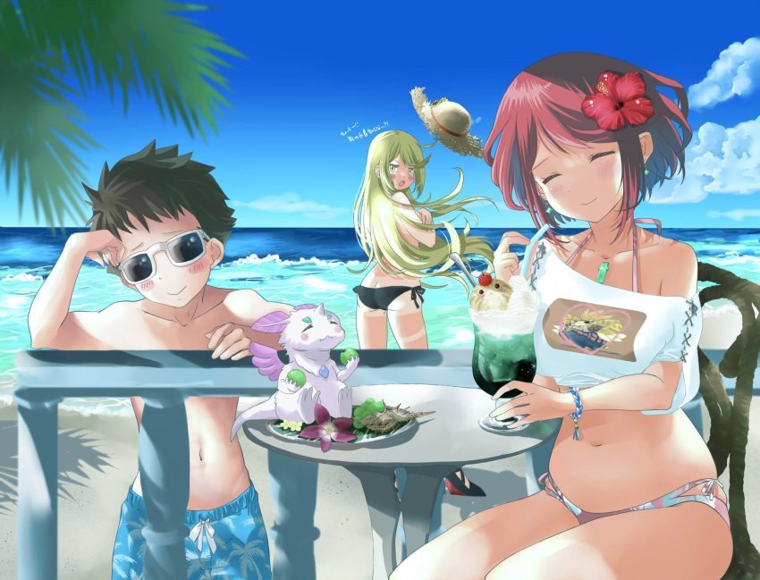 1boy, 2girls, alternate_costume, beach, bikini, blonde_hair, chest_jewel, highres